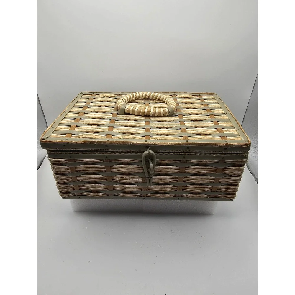 Vintage Wicker Sewing Basket with Removable Tray and Patchwork Purse Sewing Kit